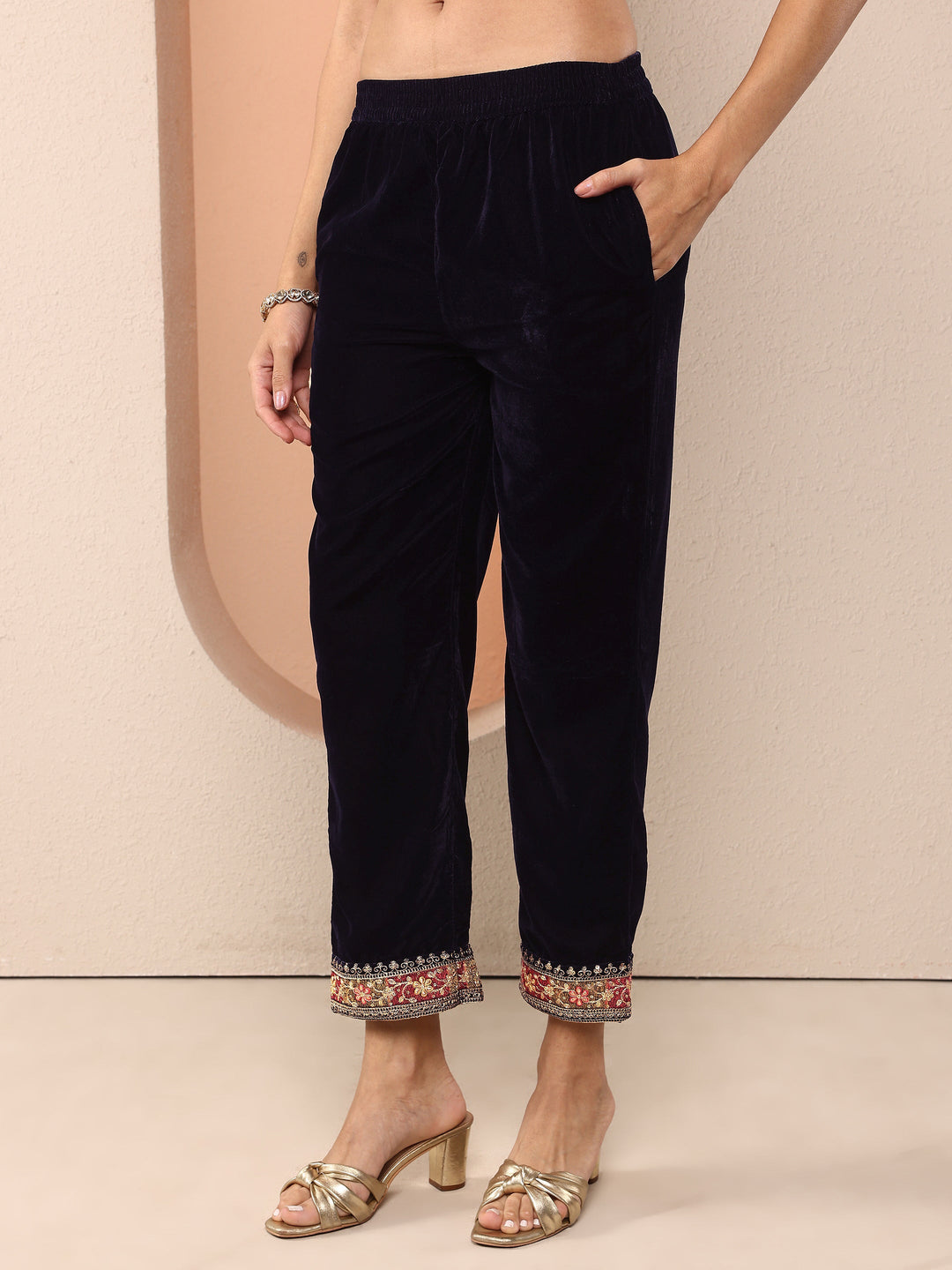 Libas Art Navy blue Embroidered Velvet Straight Suit Set With Dupatta