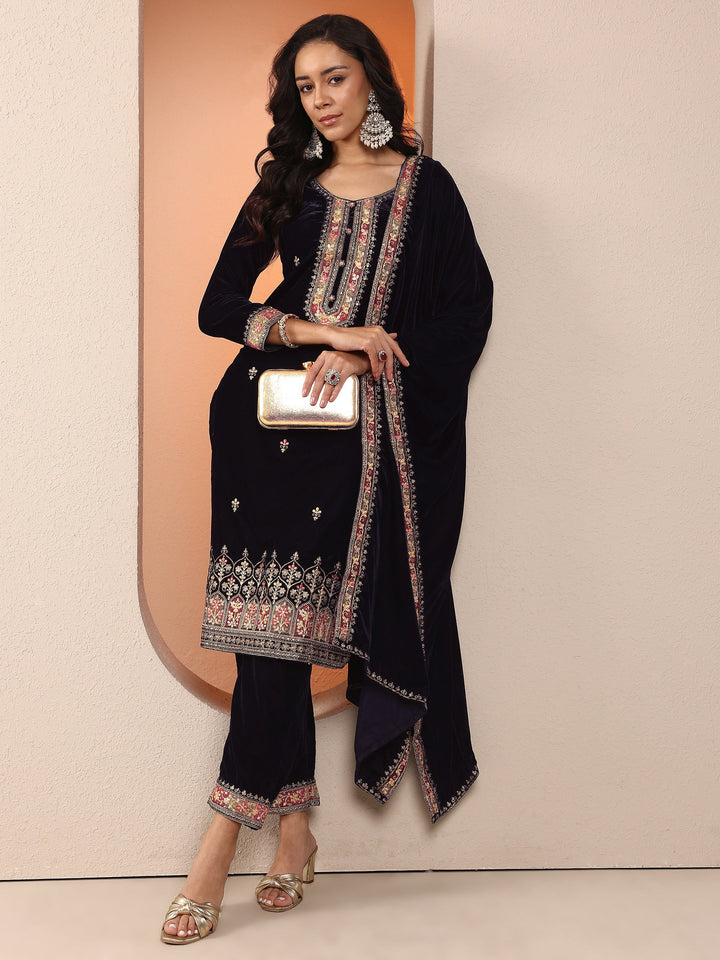 Libas Art Navy blue Embroidered Velvet Straight Suit Set With Dupatta