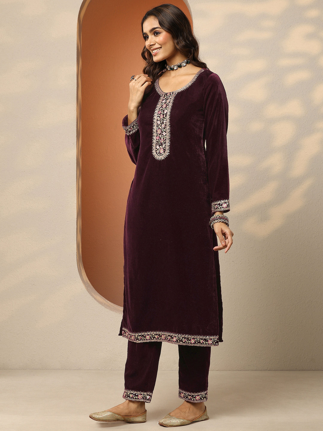 Libas Art Burgundy Embroidered Velvet Straight Suit Set With Dupatta