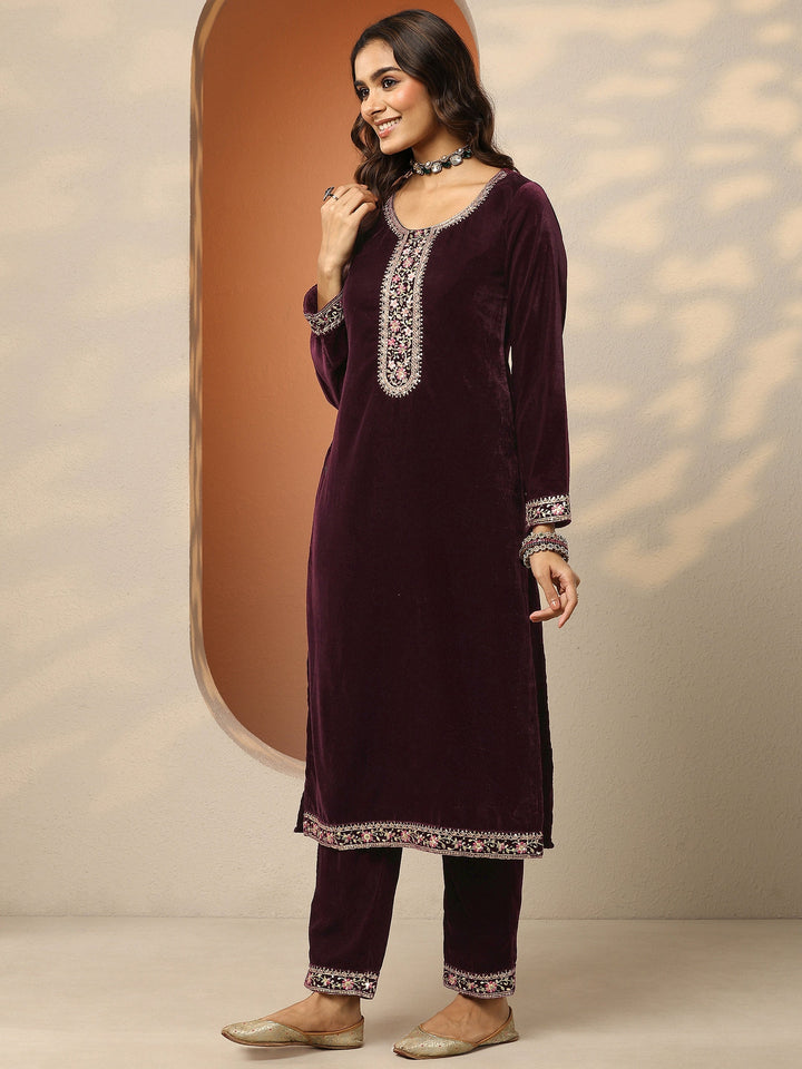 Libas Art Burgundy Embroidered Velvet Straight Suit Set With Dupatta