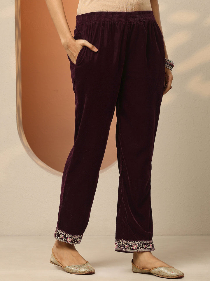 Libas Art Burgundy Embroidered Velvet Straight Suit Set With Dupatta