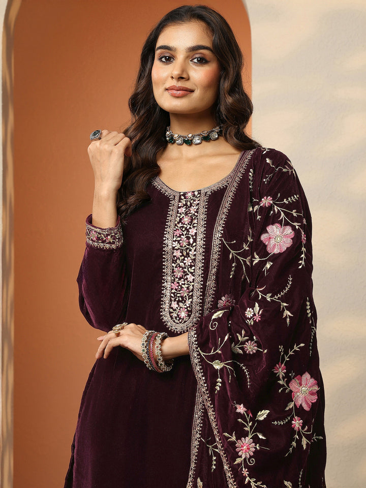 Libas Art Burgundy Embroidered Velvet Straight Suit Set With Dupatta