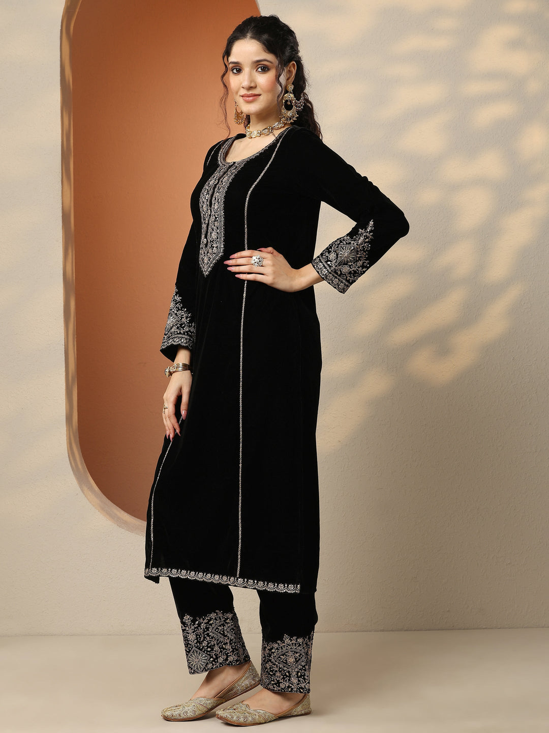 Libas Art Black Embroidered Velvet Straight Suit Set With Dupatta