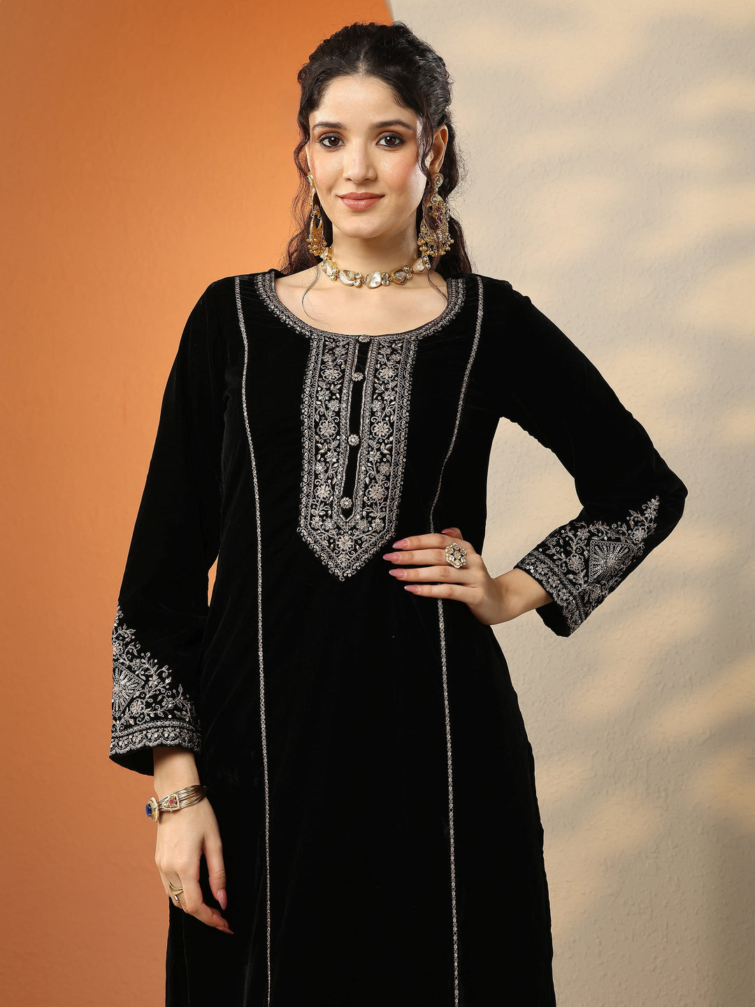 Libas Art Black Embroidered Velvet Straight Suit Set With Dupatta