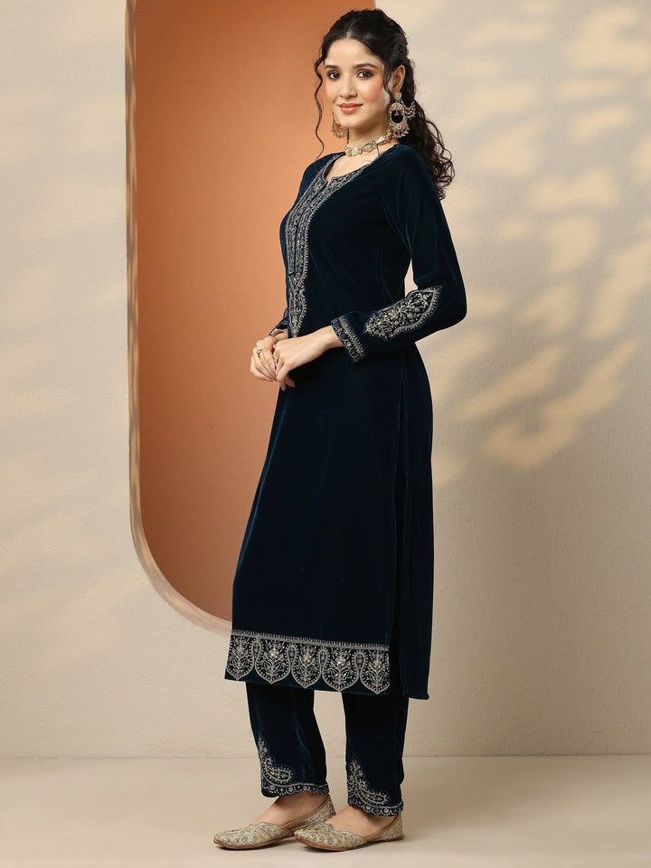 Libas Art Teal Embroidered Velvet Straight Suit Set With Dupatta