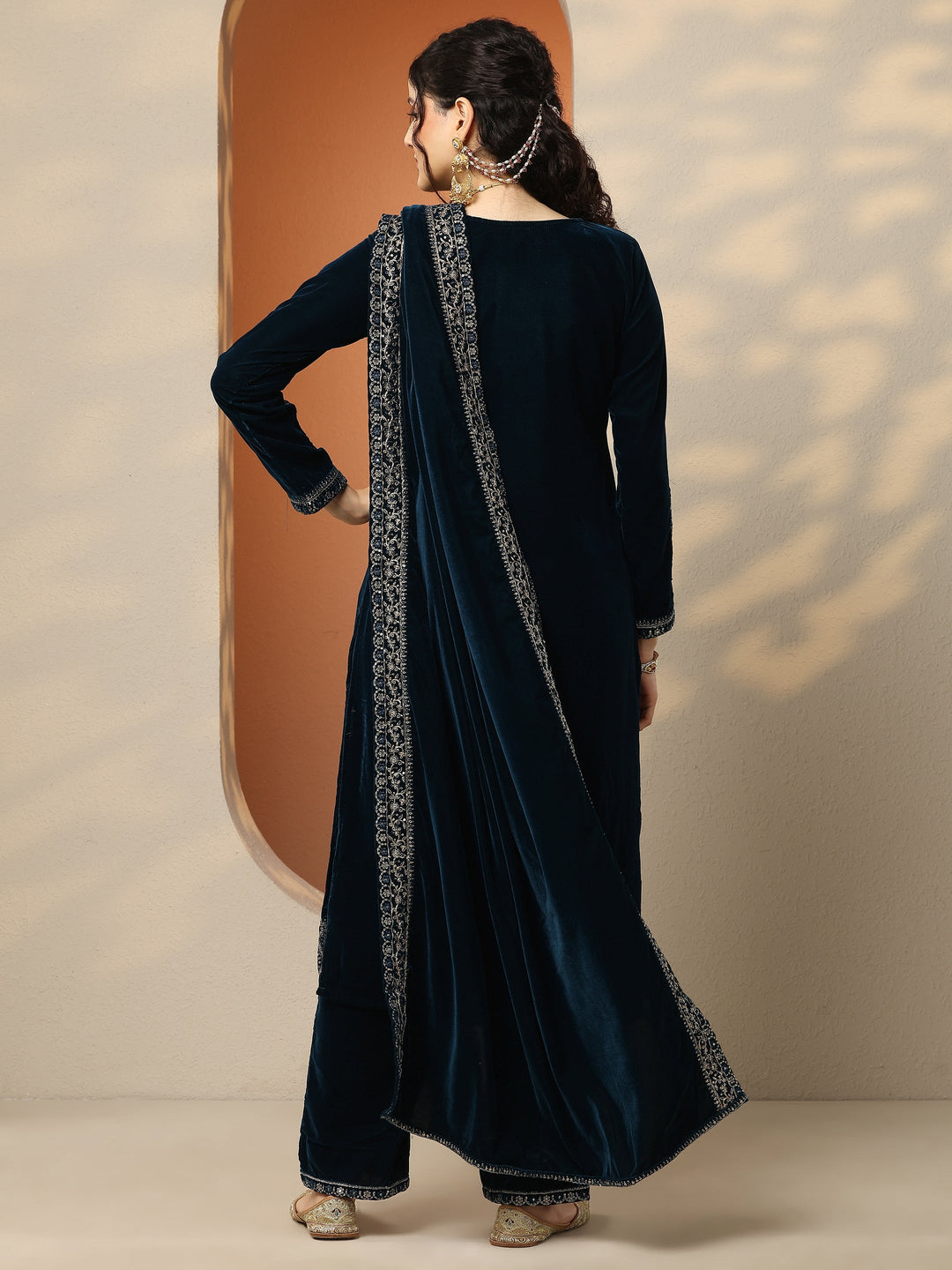Libas Art Teal Embroidered Velvet Straight Suit Set With Dupatta