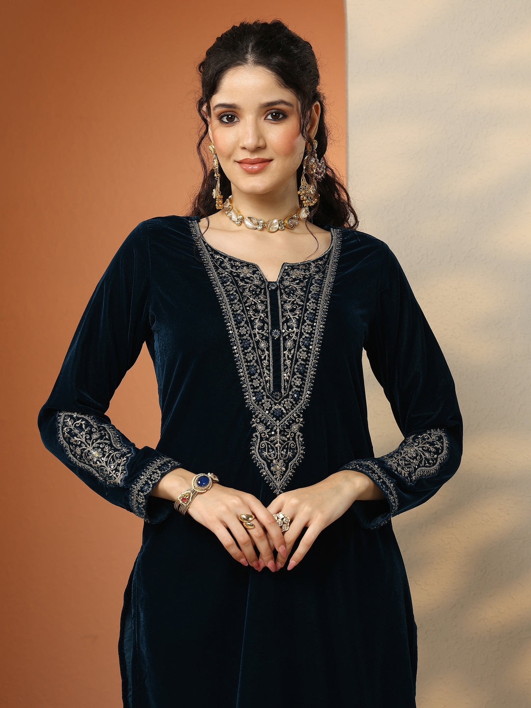 Libas Art Teal Embroidered Velvet Straight Suit Set With Dupatta