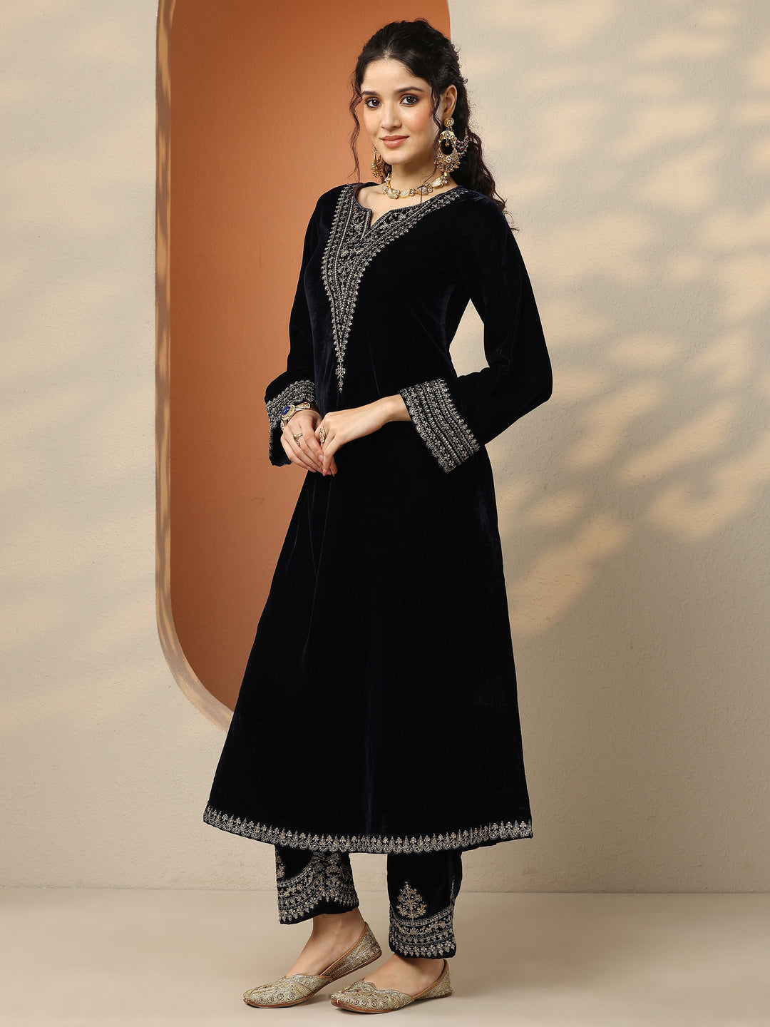 Libas Art Navy Blue Embroidered Velvet A-Line Suit Set With Dupatta