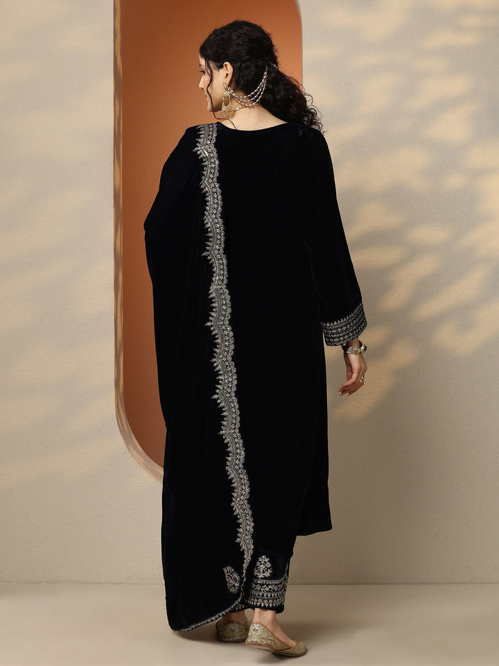 Libas Art Navy Blue Embroidered Velvet A-Line Suit Set With Dupatta