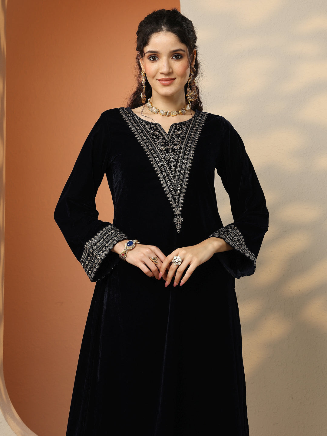 Libas Art Navy Blue Embroidered Velvet A-Line Suit Set With Dupatta