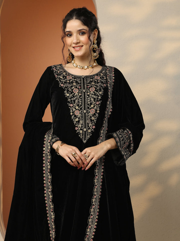 Libas Art Black Embroidered Velvet Straight Suit Set With Dupatta