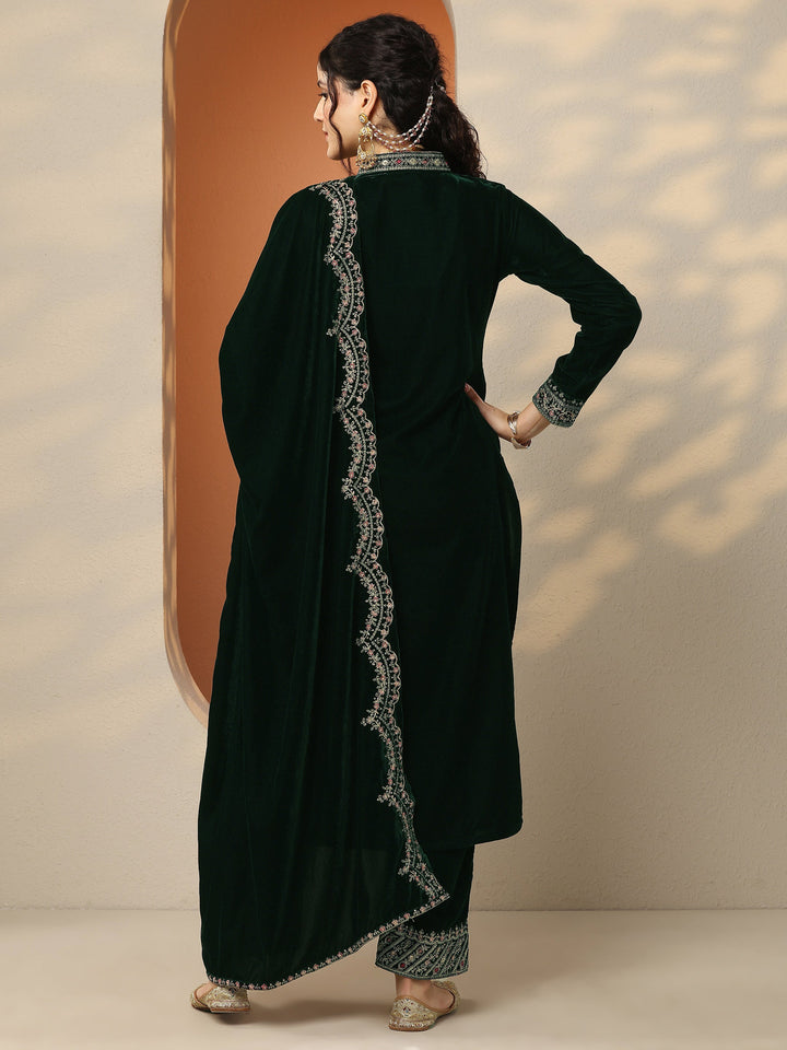 Libas Art Green Embroidered Velvet Straight Suit Set With Dupatta