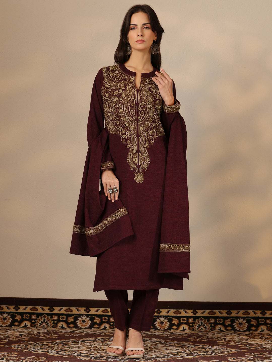 Maroon Embroidered Wool Straight Suit Set With Dupatta