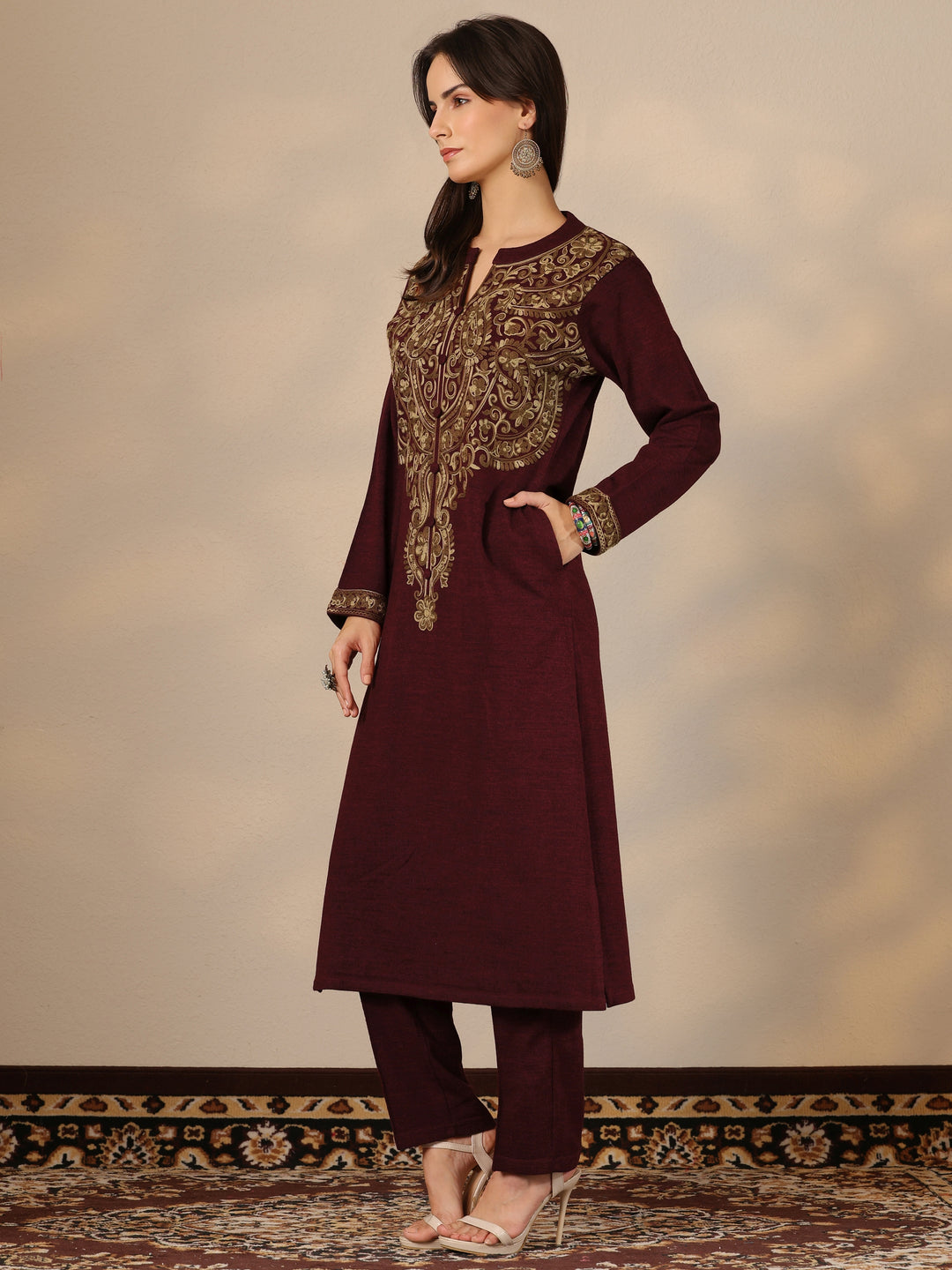Maroon Embroidered Wool Straight Suit Set With Dupatta