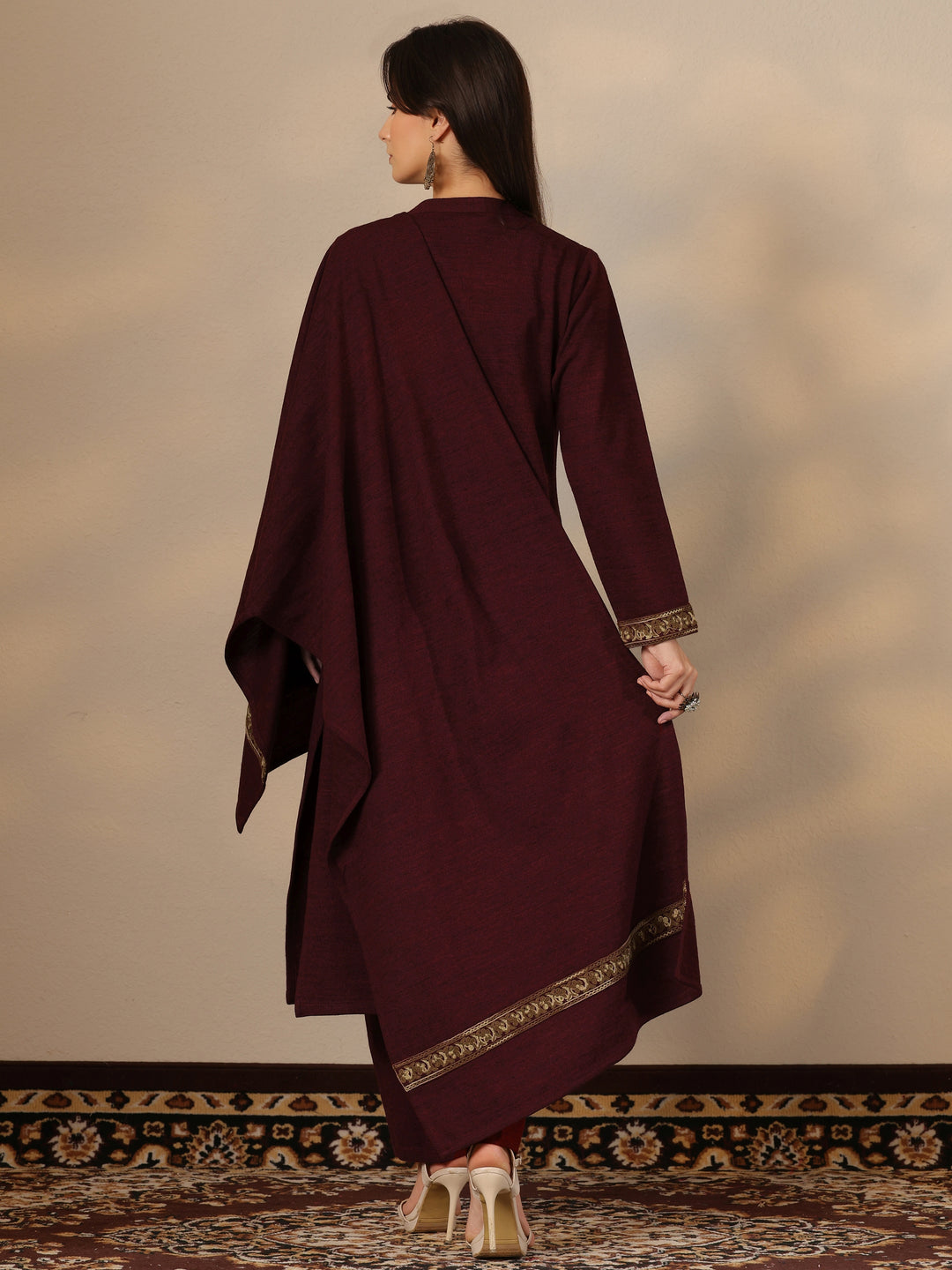 Maroon Embroidered Wool Straight Suit Set With Dupatta