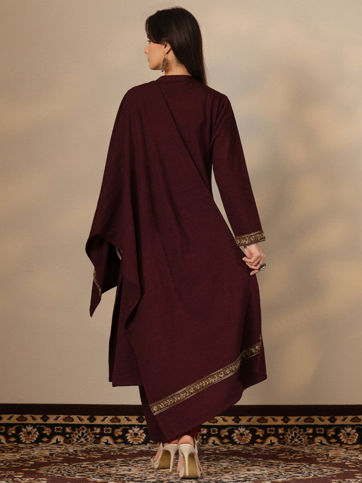 Maroon Embroidered Wool Straight Suit Set With Dupatta