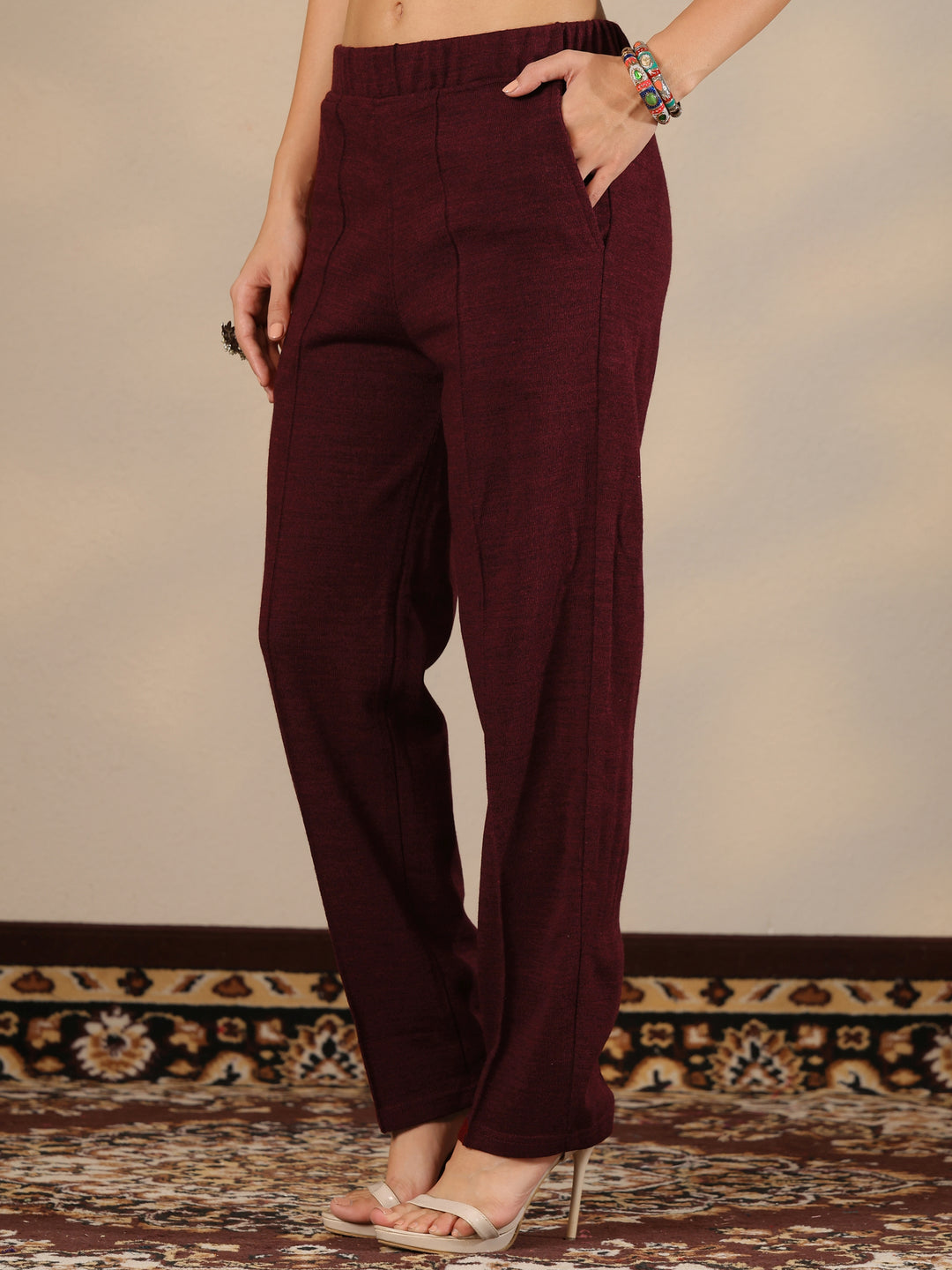 Maroon Embroidered Wool Straight Suit Set With Dupatta