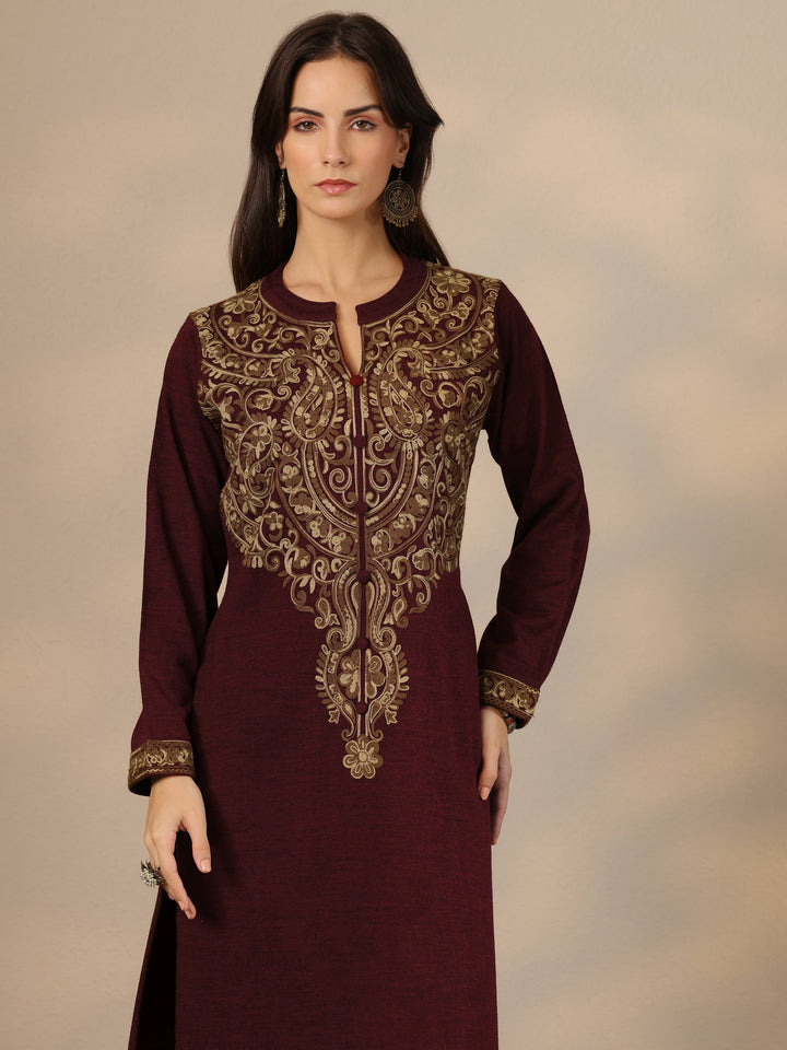 Maroon Embroidered Wool Straight Suit Set With Dupatta