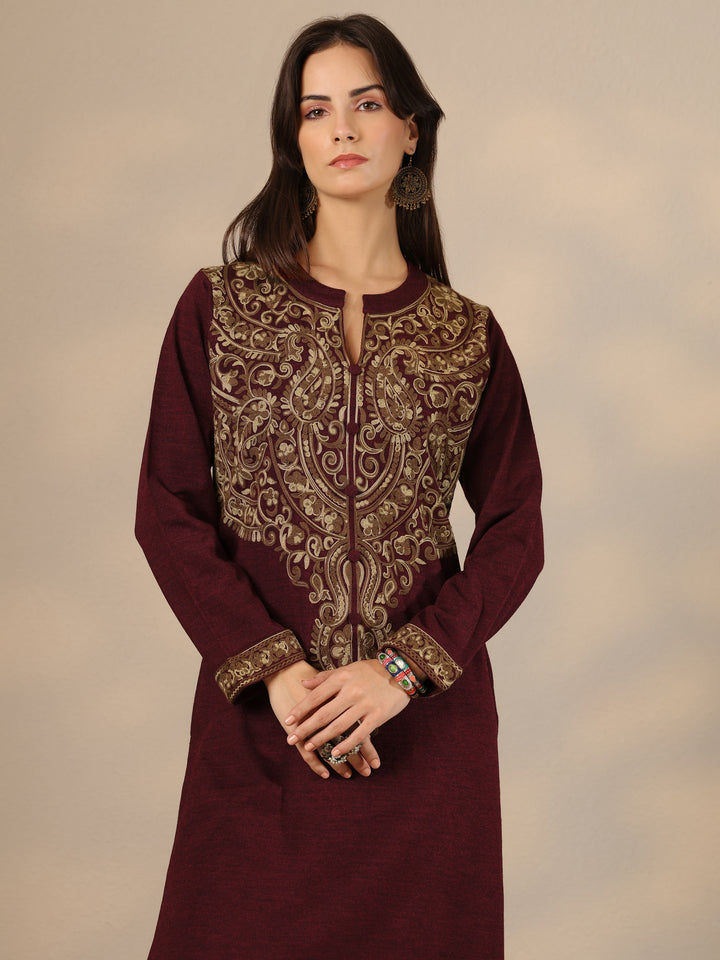 Maroon Embroidered Wool Straight Suit Set With Dupatta