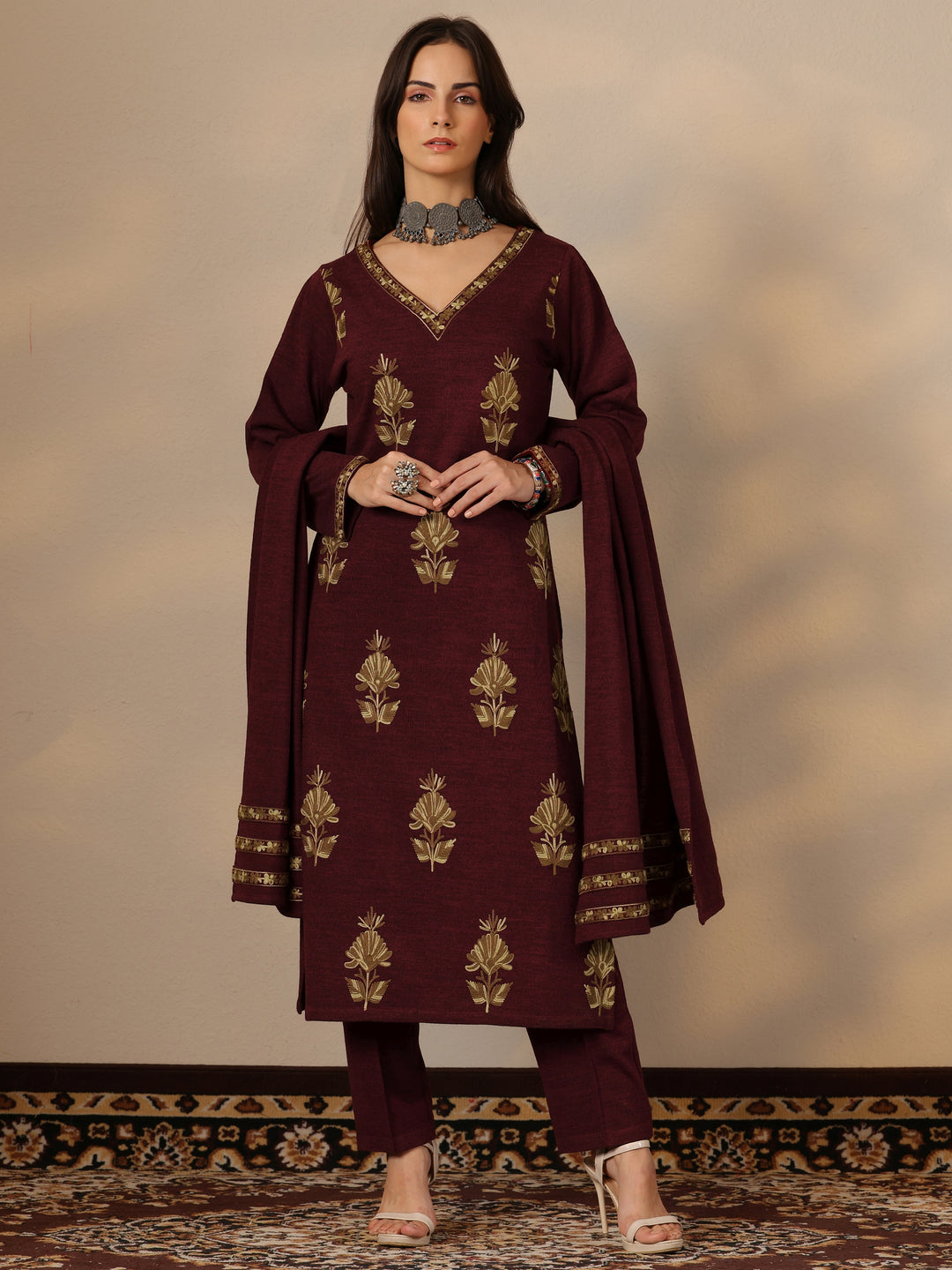 Maroon Embroidered Wool Straight Suit Set With Dupatta