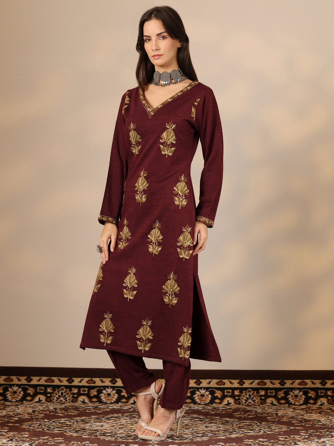 Maroon Embroidered Wool Straight Suit Set With Dupatta