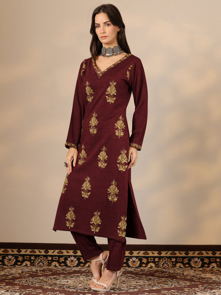 Maroon Embroidered Wool Straight Suit Set With Dupatta