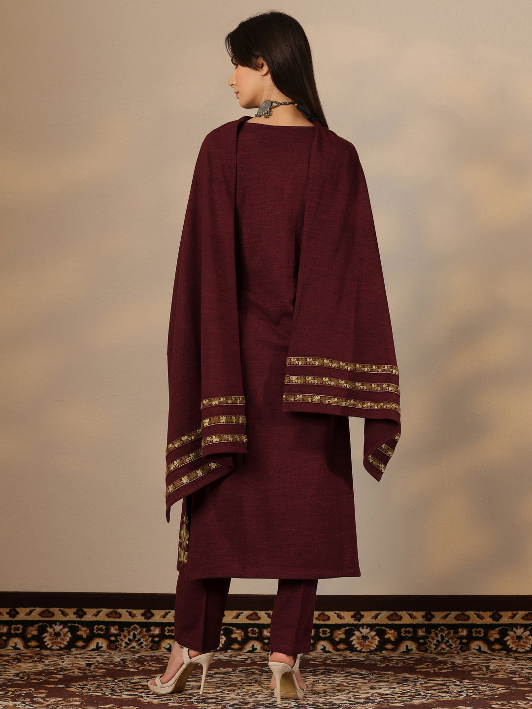 Maroon Embroidered Wool Straight Suit Set With Dupatta