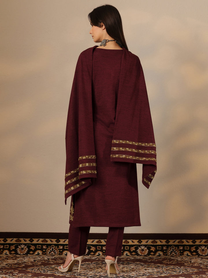 Maroon Embroidered Wool Straight Suit Set With Dupatta