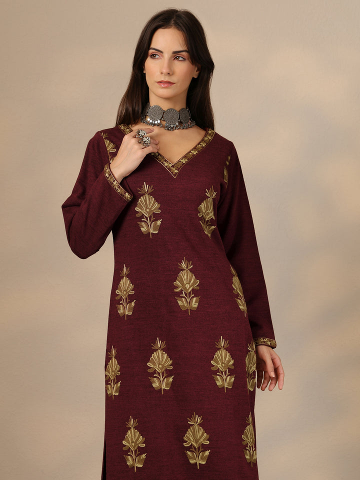 Maroon Embroidered Wool Straight Suit Set With Dupatta