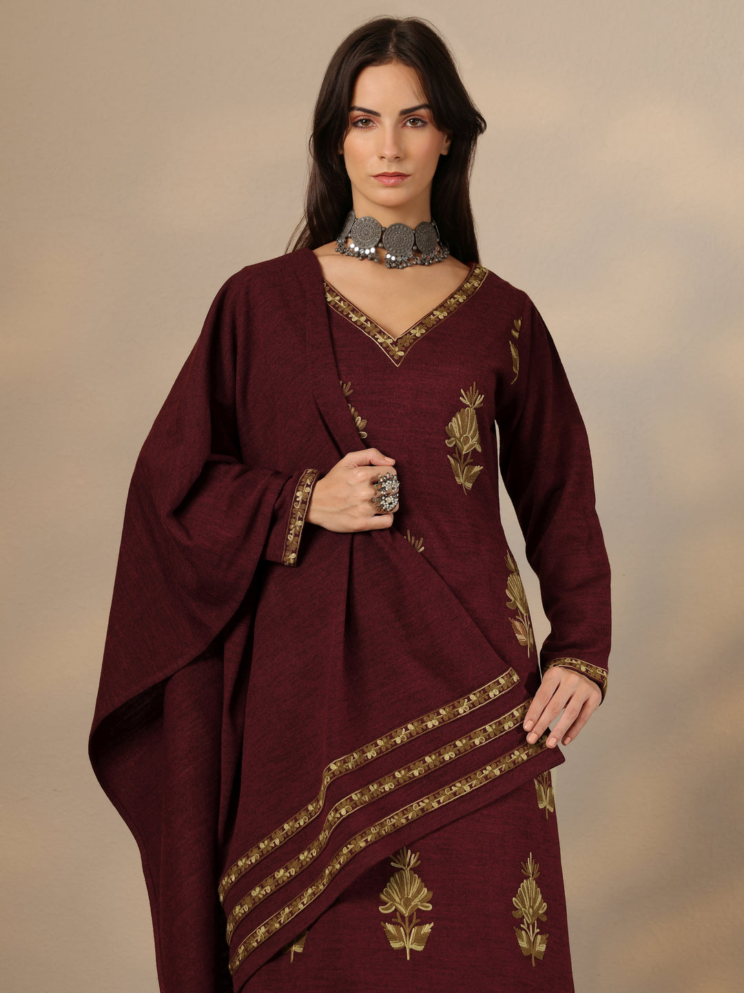 Maroon Embroidered Wool Straight Suit Set With Dupatta