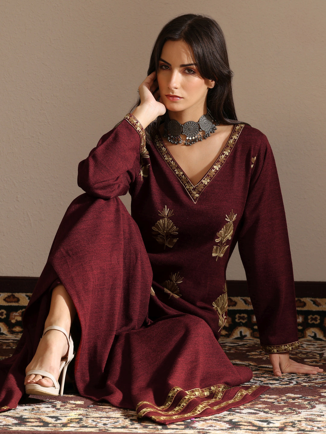 Maroon Embroidered Wool Straight Suit Set With Dupatta
