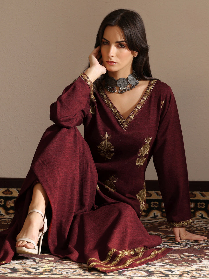 Maroon Embroidered Wool Straight Suit Set With Dupatta