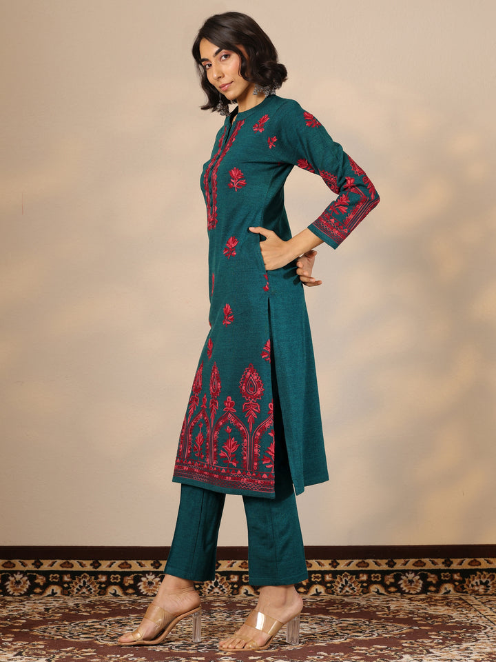 Green Embroidered Wool Straight Suit Set With Dupatta