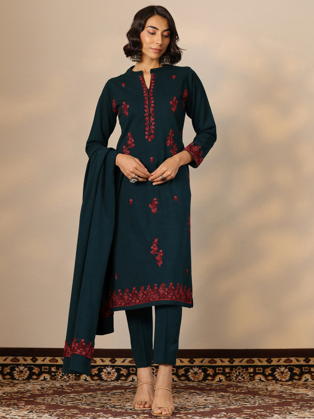 Teal Embroidered Wool Straight Suit Set With Dupatta