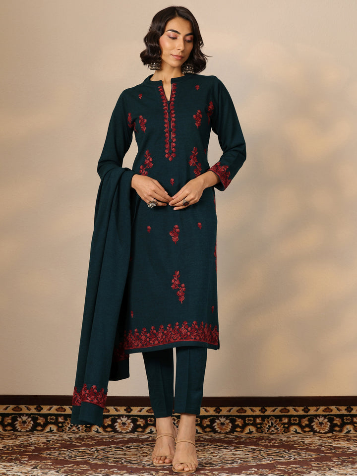 Teal Embroidered Wool Straight Suit Set With Dupatta