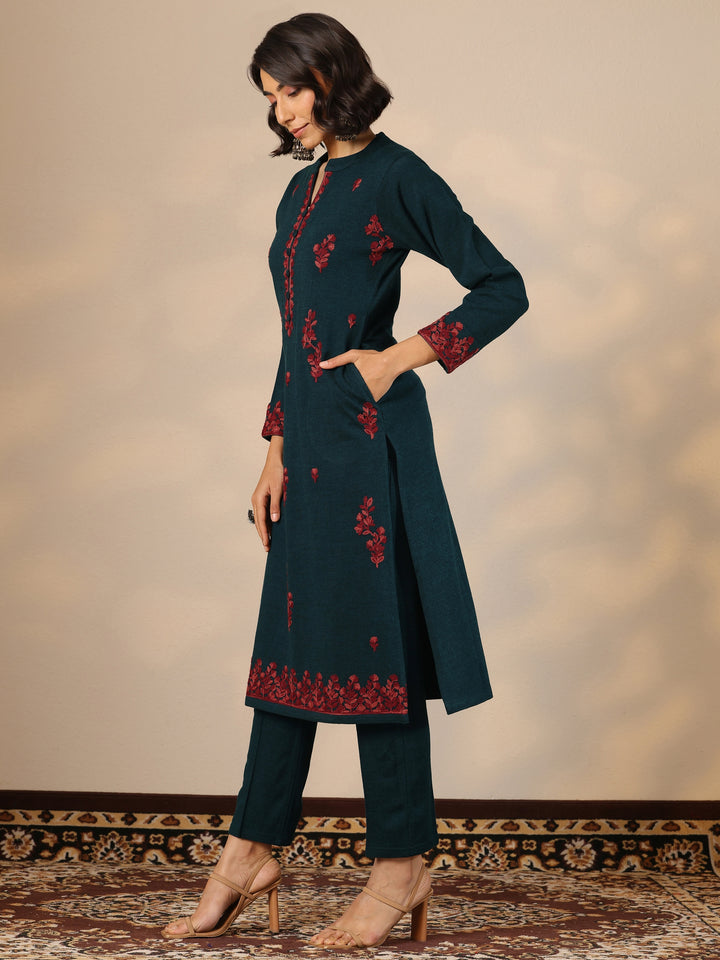 Teal Embroidered Wool Straight Suit Set With Dupatta