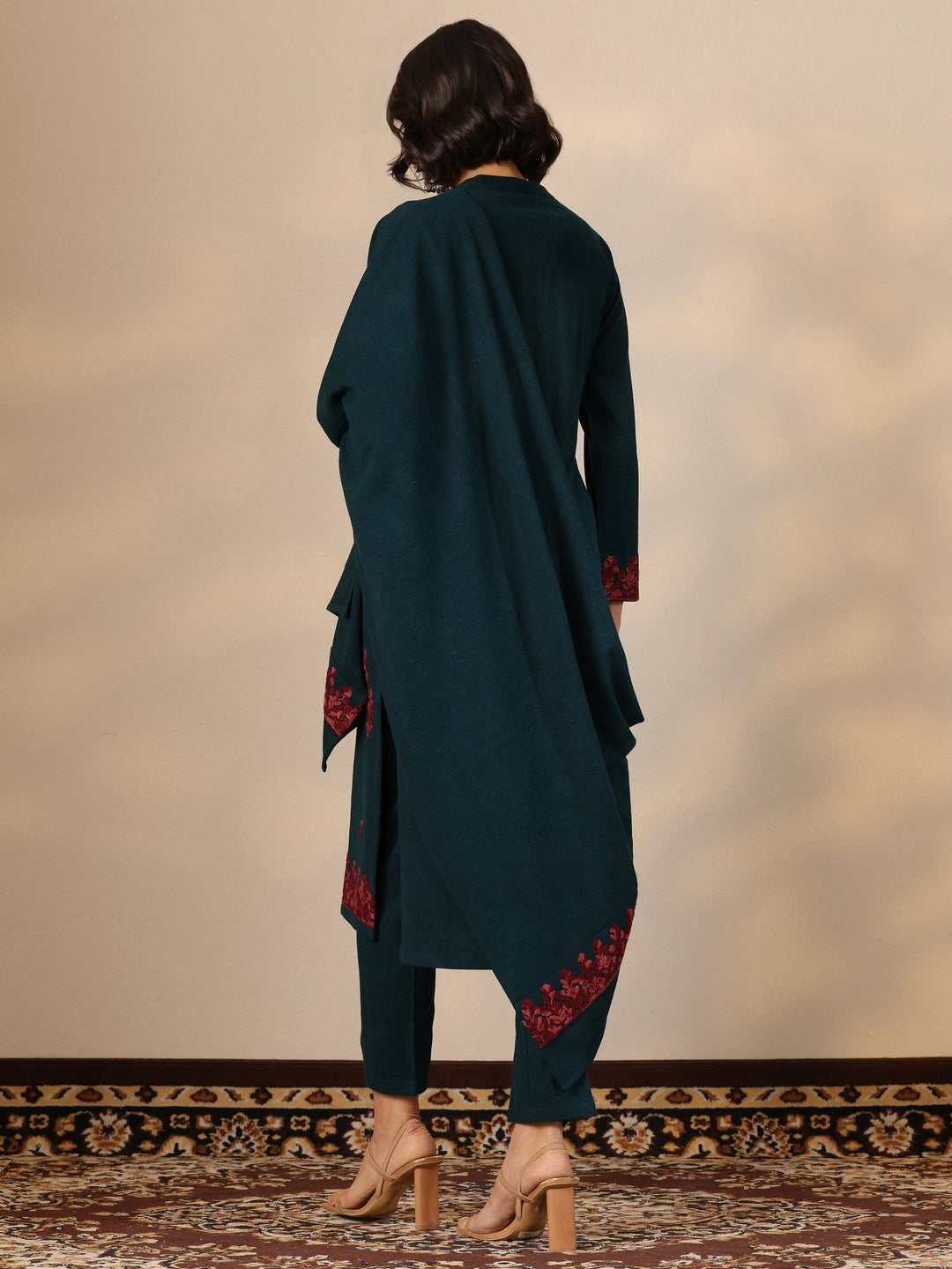 Teal Embroidered Wool Straight Suit Set With Dupatta