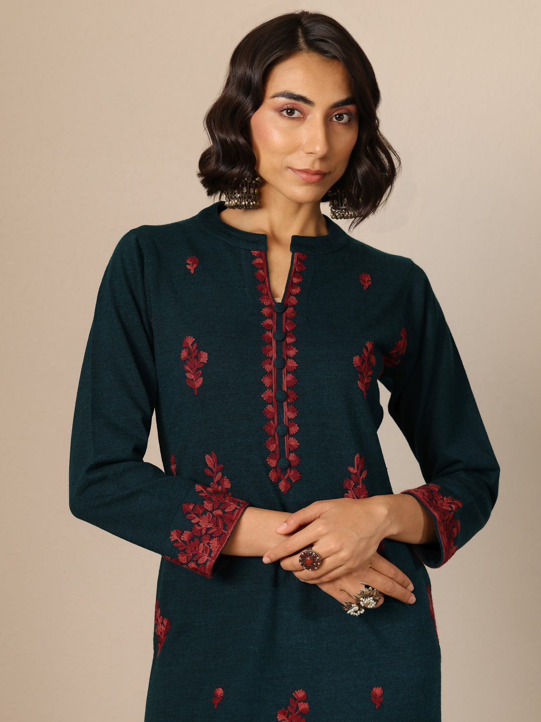 Teal Embroidered Wool Straight Suit Set With Dupatta