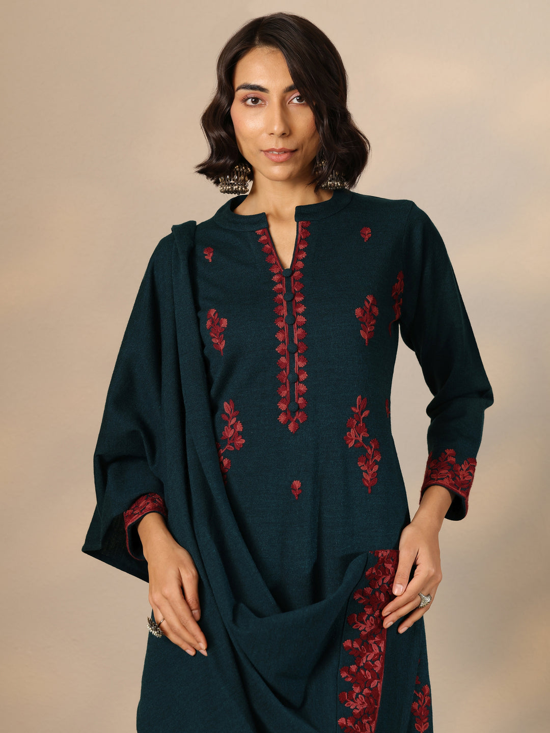 Teal Embroidered Wool Straight Suit Set With Dupatta