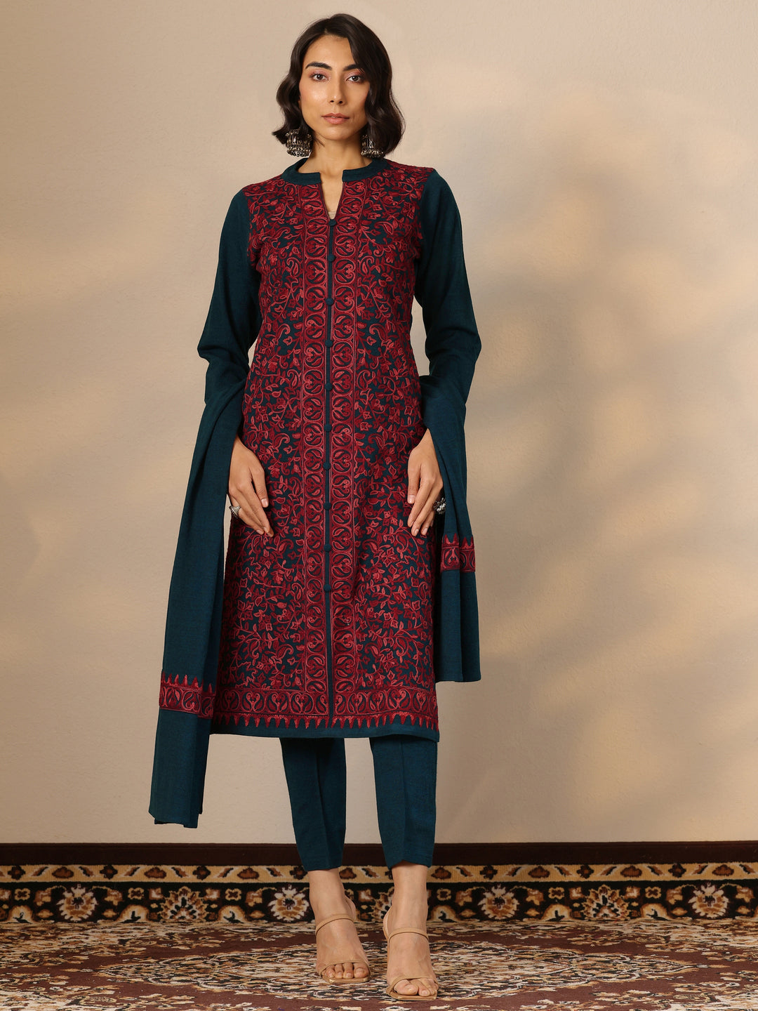 Teal Embroidered Wool Straight Suit Set With Dupatta