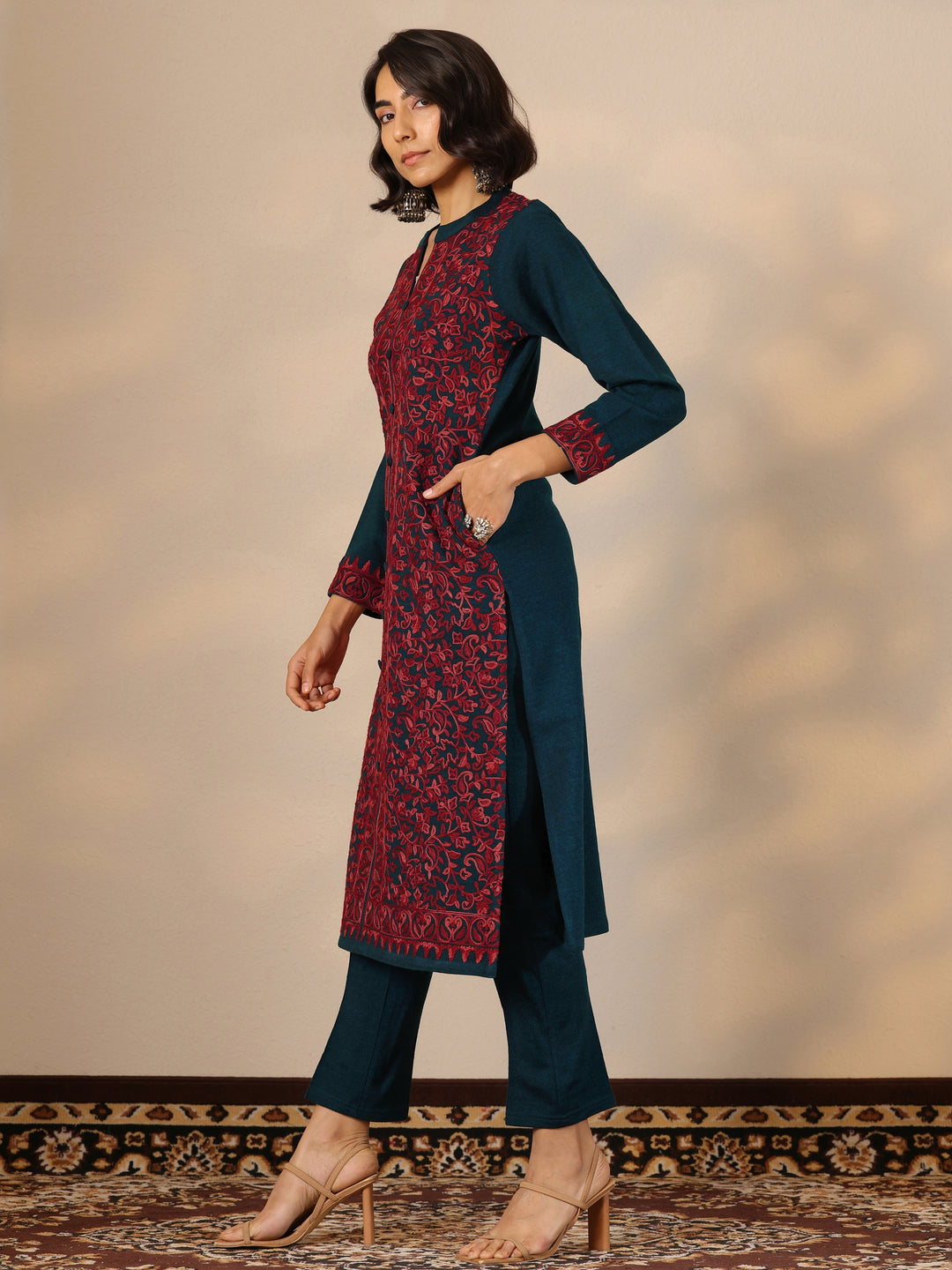 Teal Embroidered Wool Straight Suit Set With Dupatta