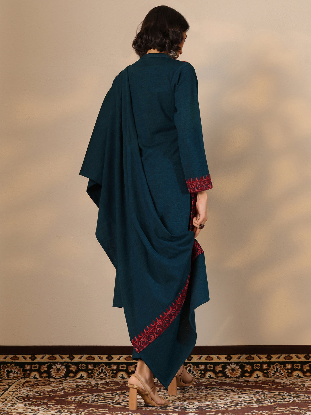 Teal Embroidered Wool Straight Suit Set With Dupatta