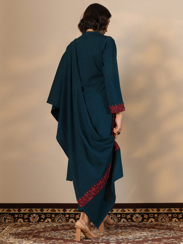 Teal Embroidered Wool Straight Suit Set With Dupatta