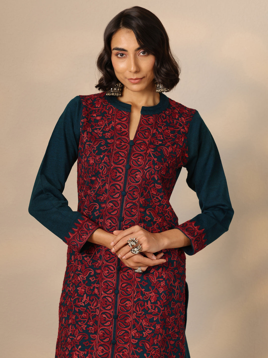 Teal Embroidered Wool Straight Suit Set With Dupatta