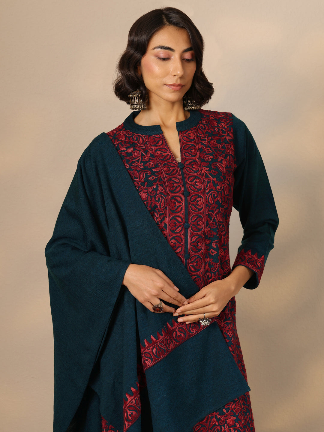Teal Embroidered Wool Straight Suit Set With Dupatta