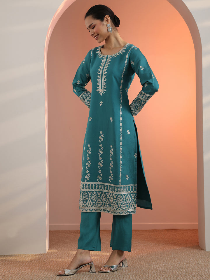 Blue Embroidered Silk Blend Straight Suit Set With Dupatta