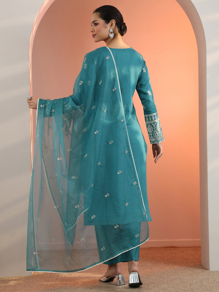 Blue Embroidered Silk Blend Straight Suit Set With Dupatta