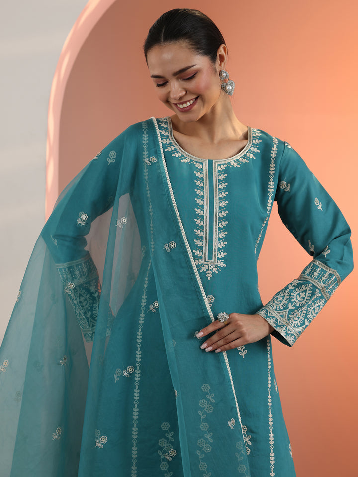 Blue Embroidered Silk Blend Straight Suit Set With Dupatta