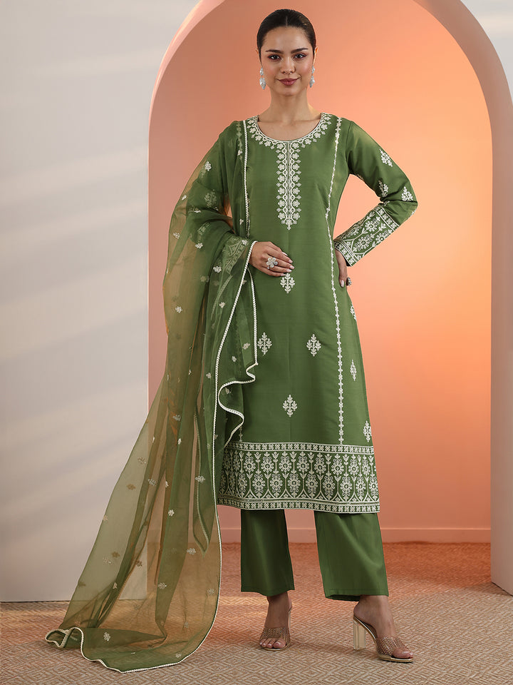 Green Embroidered Silk Blend Straight Suit Set With Dupatta