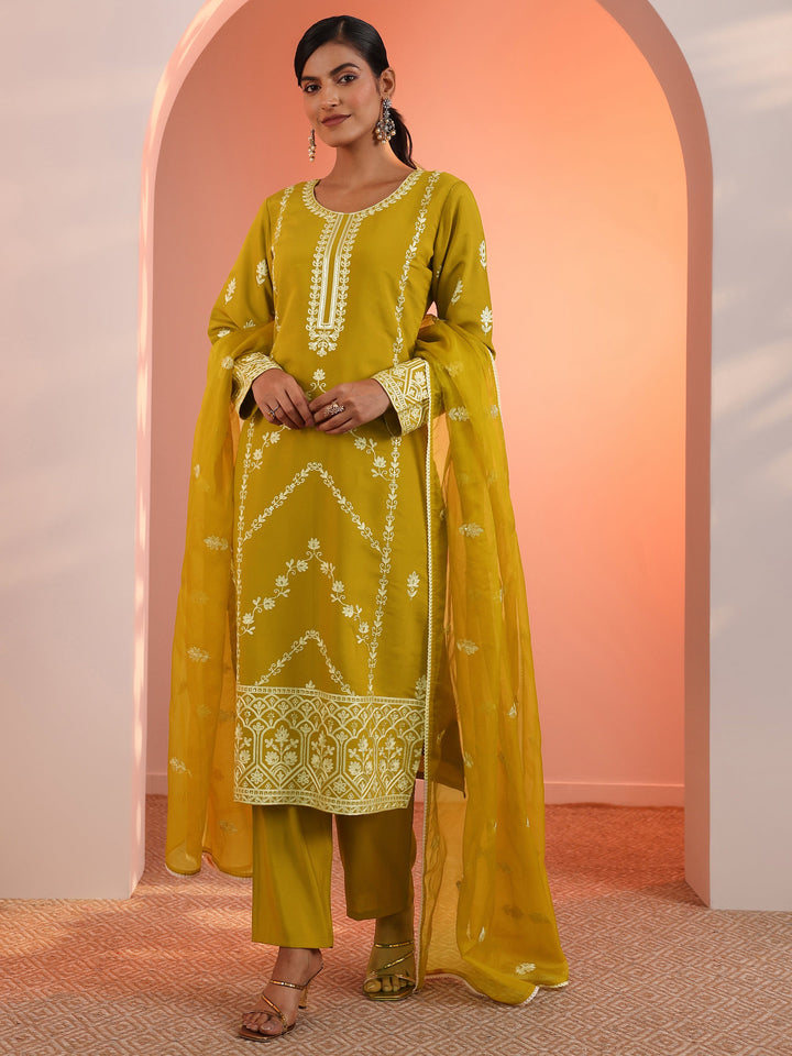 Mustard Embroidered Silk Blend Straight Suit Set With Dupatta